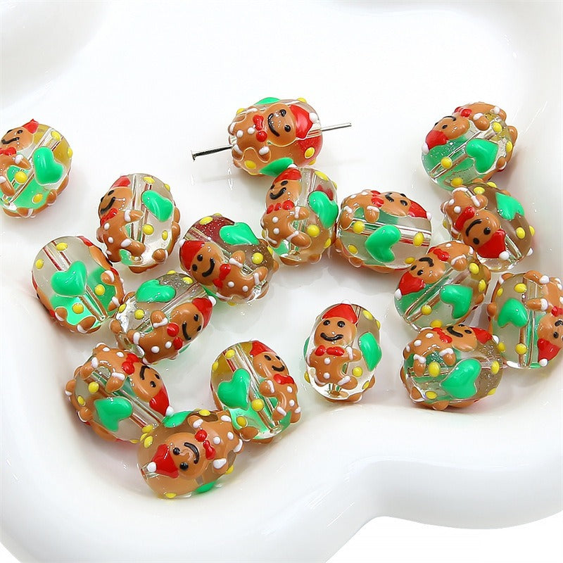 Hand Drawn Christmas Glass Beads 14mmx16mm Holiday Focal Beads 9