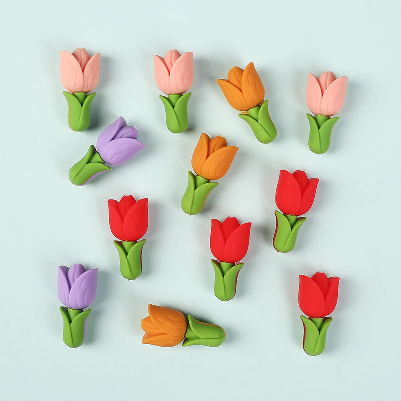 Silicone 3D Focal Beads Tulip Detailed Petals Vibrant Colors 20pcs