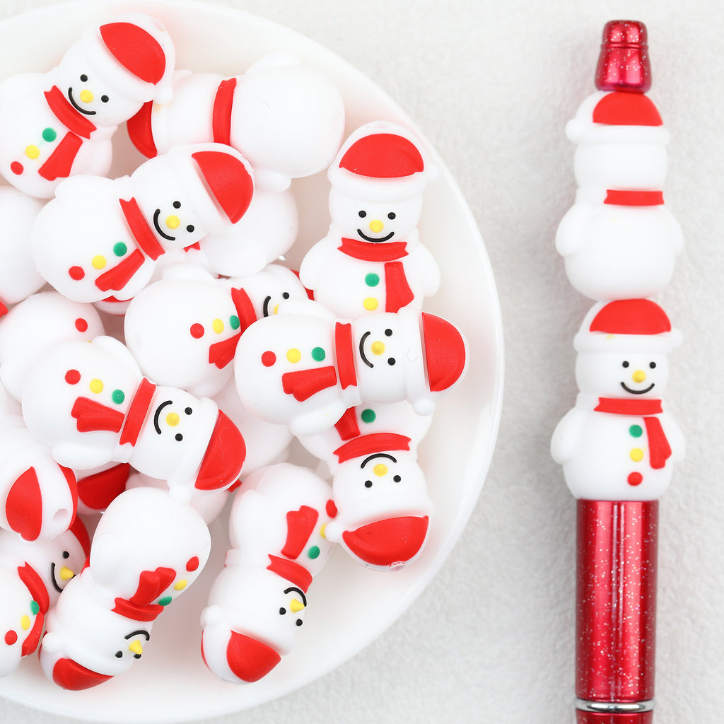 3D Red Hat Snowman Silicone Focal Beads Wholesale, Christmas Figure Design