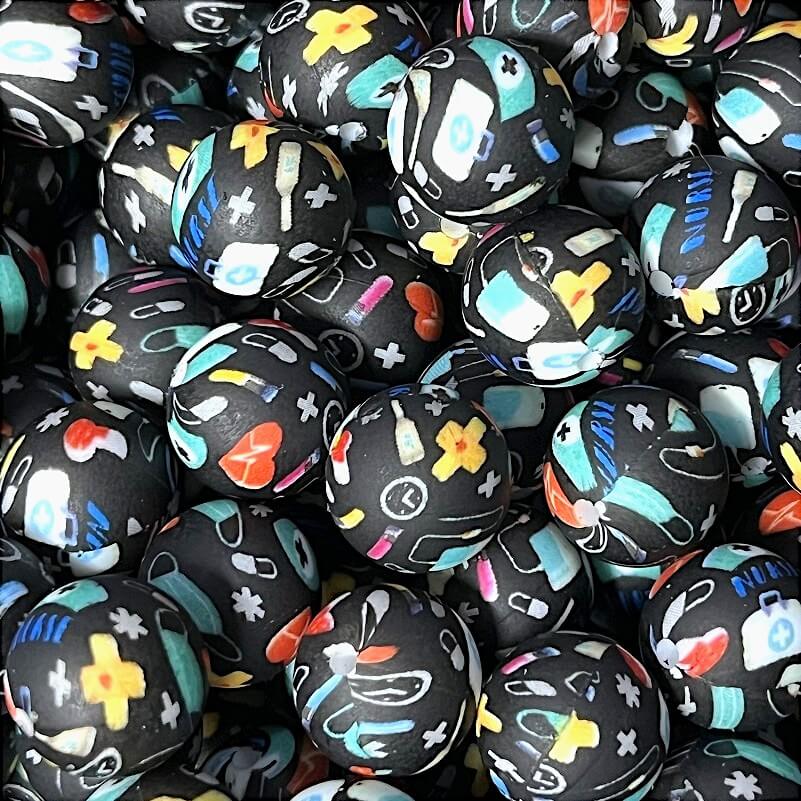 15mm Silicone Beads Medical Print Mixed Colors 50pcs