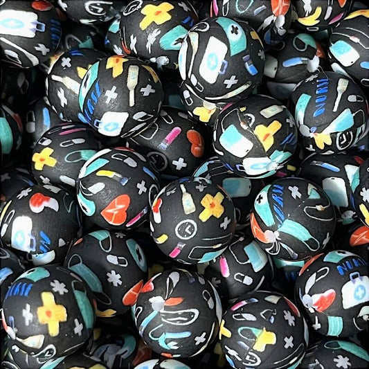 15mm Silicone Beads Medical Print Mixed Colors 50pcs