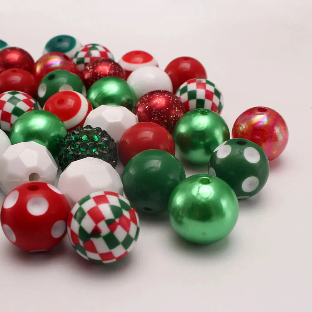 Bubblegum Beads 20mm Red Green White Rhinestone Grid Chunky Mix 50pcs