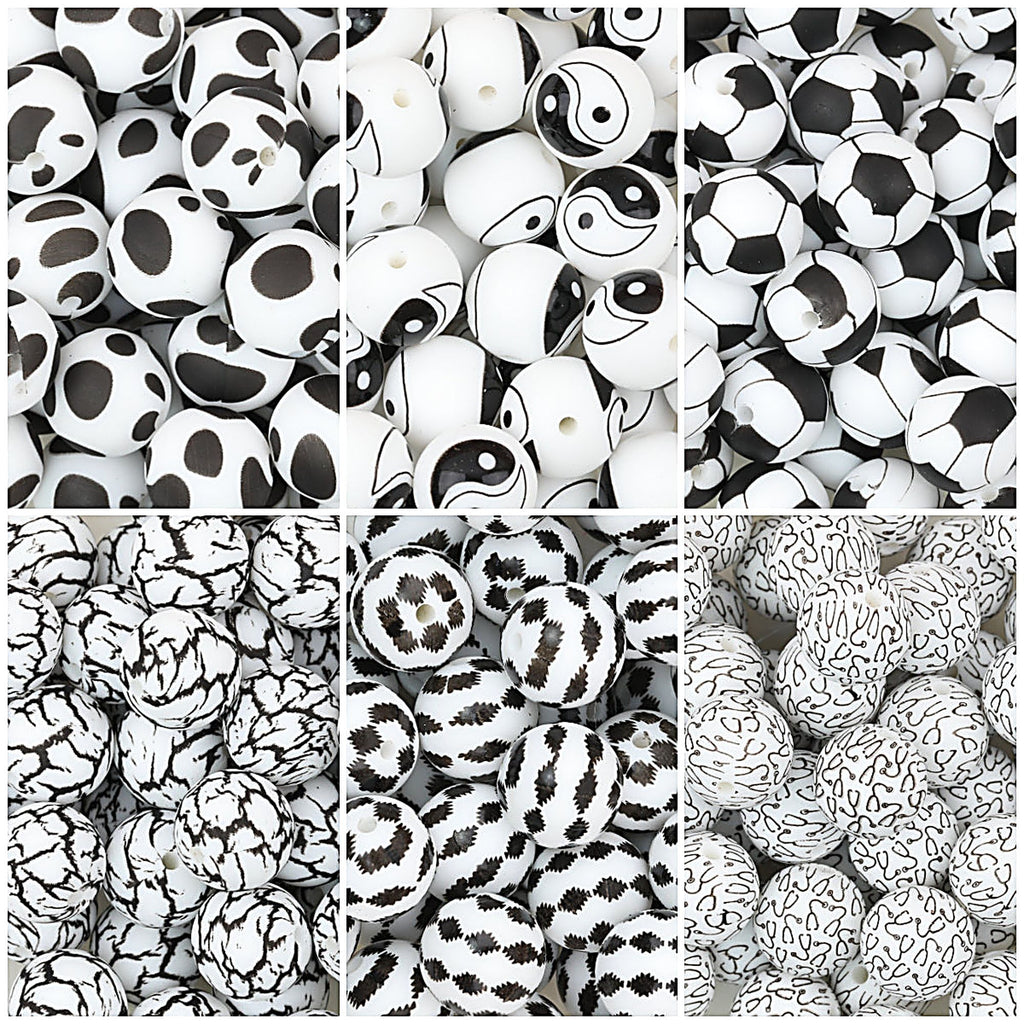 15mm Black and White Patterned Silicone Round Beads 50pcs