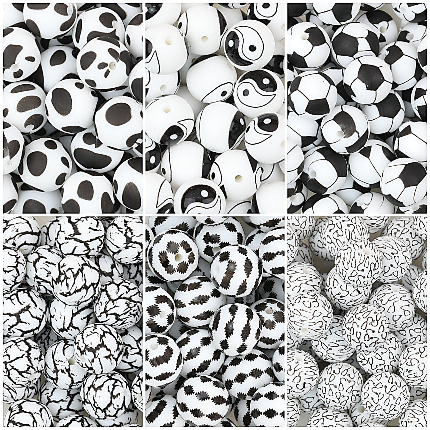 15mm Black and White Patterned Silicone Round Beads 50pcs