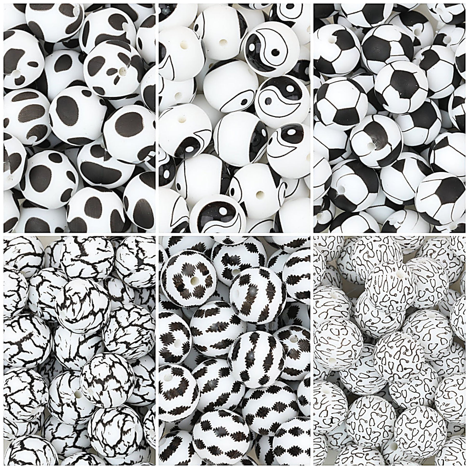 15mm Black and White Patterned Silicone Round Beads 50pcs