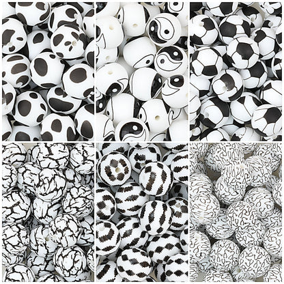 15mm Black and White Patterned Silicone Round Beads 50pcs
