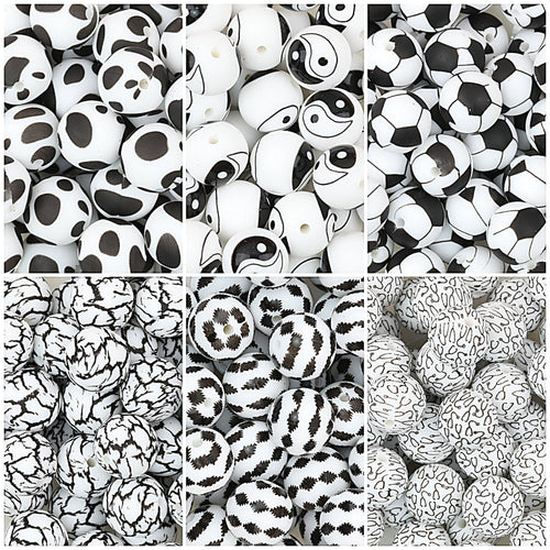 15mm Black and White Patterned Silicone Round Beads 50pcs