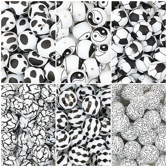 15mm Black and White Patterned Silicone Round Beads 50pcs