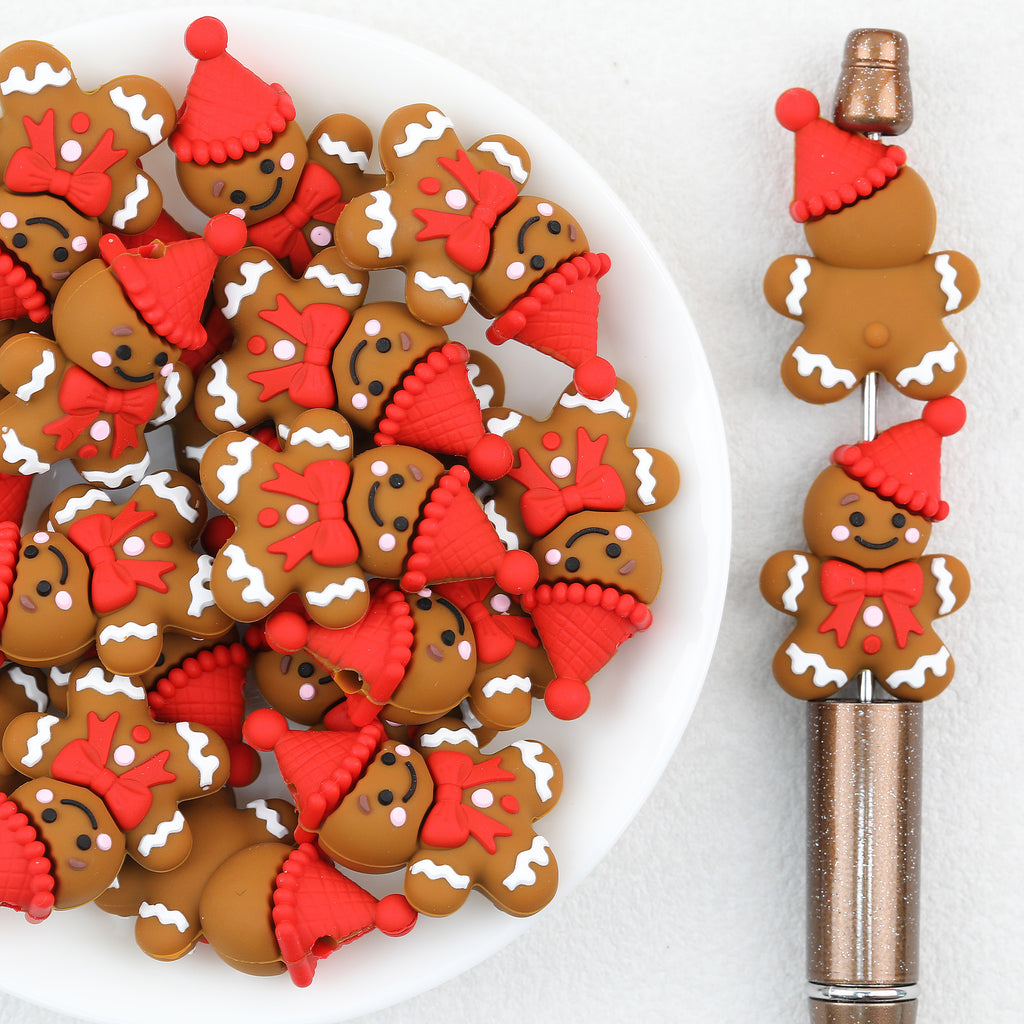 3D Gingerbread Silicone Focal Beads Wholesale, Christmas Red Knit Hat Character Design