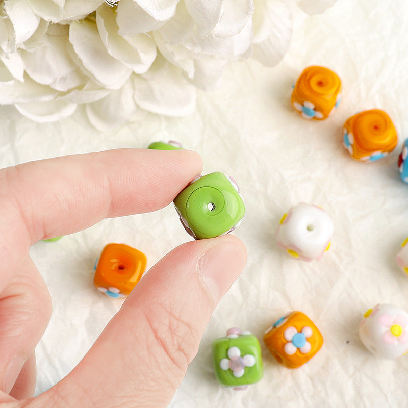 Colorful 12mm Square Glass Flower Beads 10pcs 4