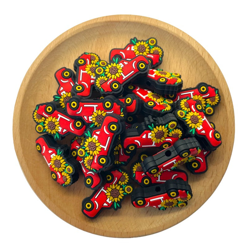 Silicone Focal Beads Sunflower Car Red Truck Loaded with Flowers 20pcs 2