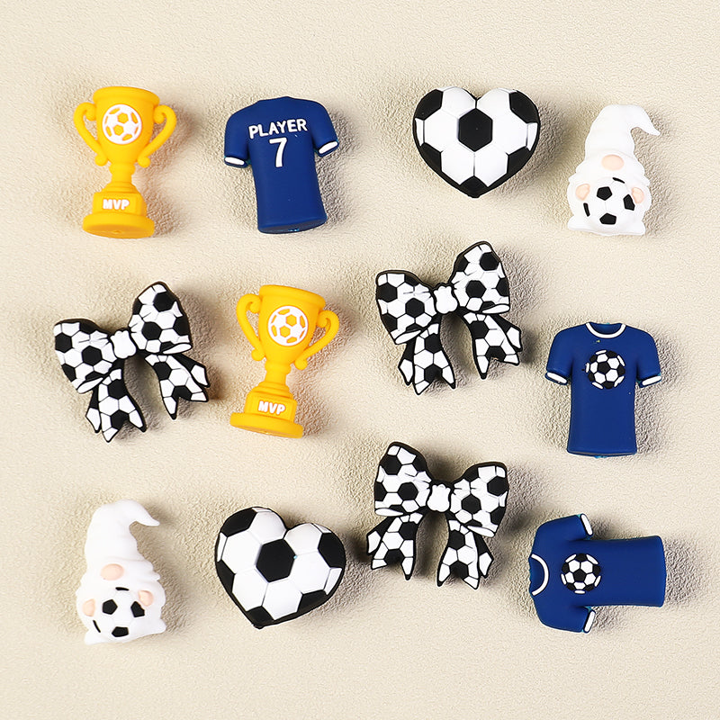 3D Football Theme Silicone Focal Beads Wholesale, Heart Trophy Jersey Bow White Gnome