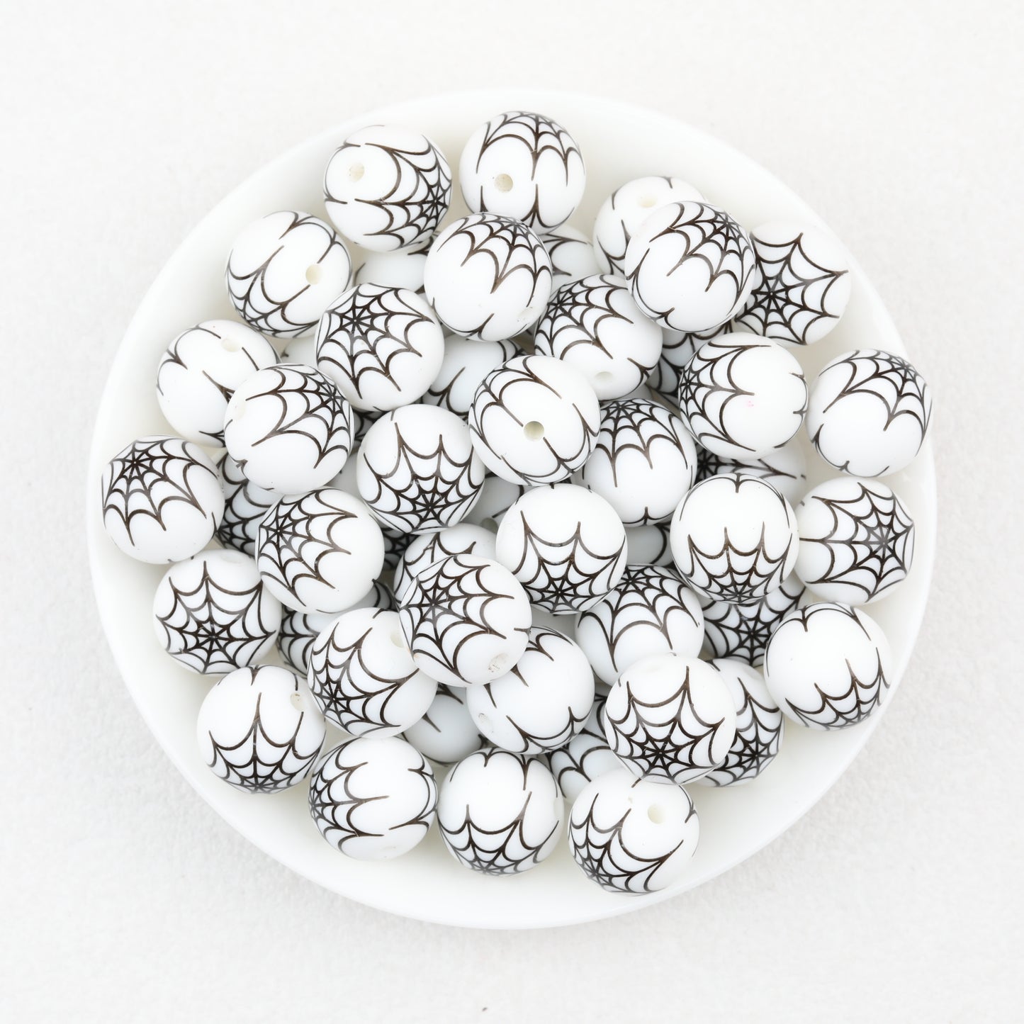 15mm Halloween Spider Web Printed Silicone Beads White Black 50pcs 2