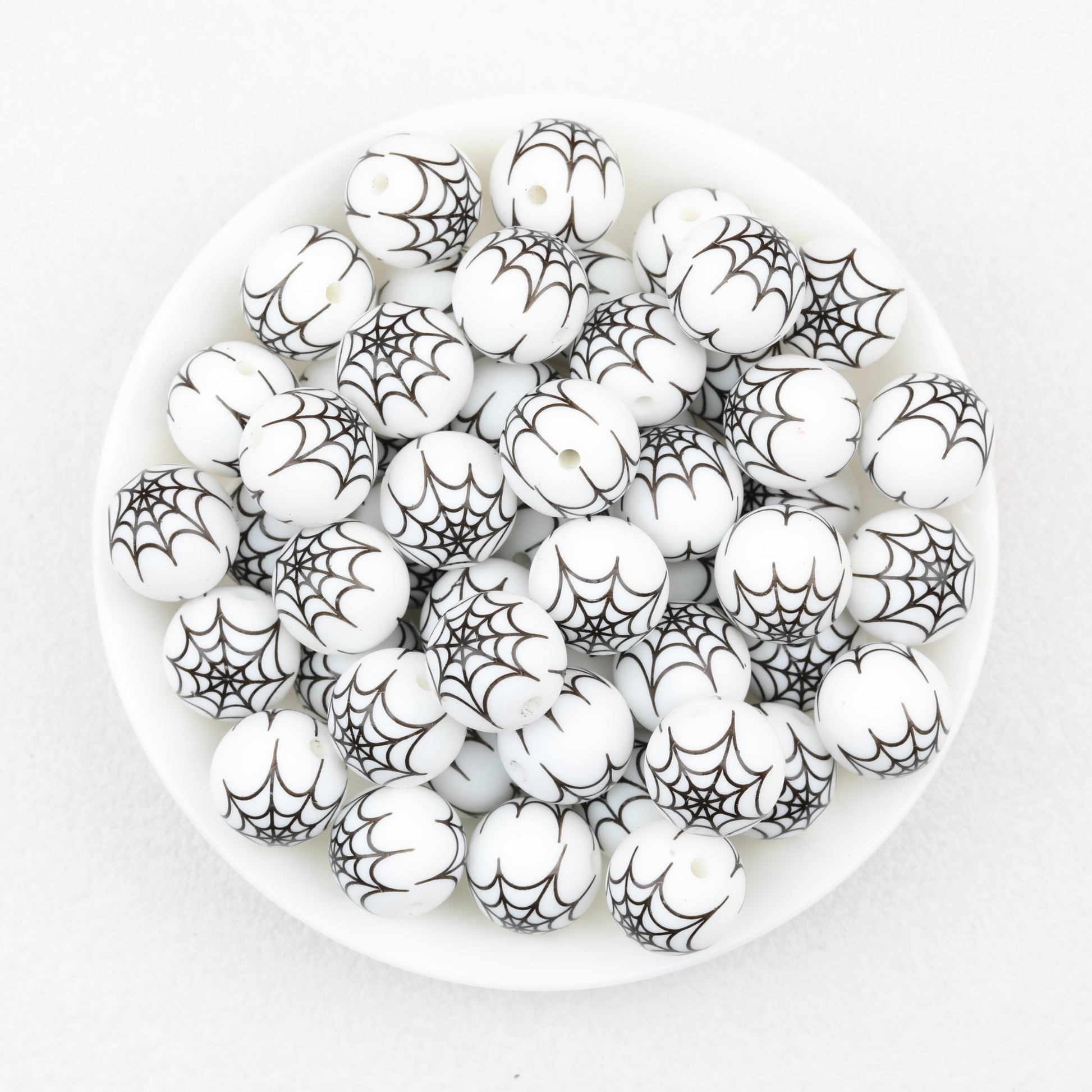 15mm Halloween Spider Web Printed Silicone Beads White Black 50pcs 2