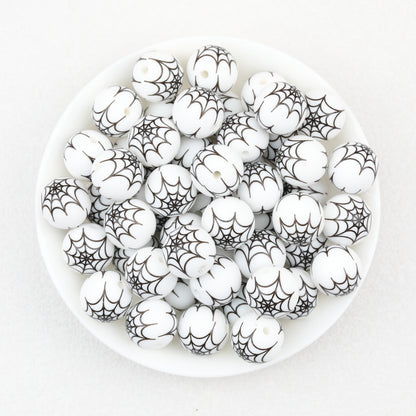 15mm Halloween Spider Web Printed Silicone Beads White Black 50pcs 2