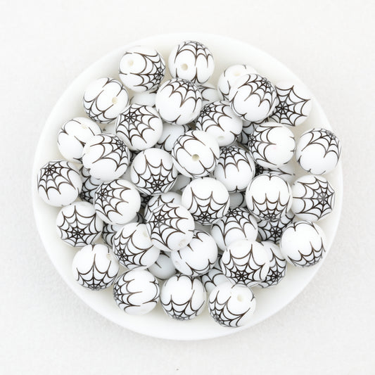 15mm Halloween Spider Web Printed Silicone Beads White Black 50pcs 2