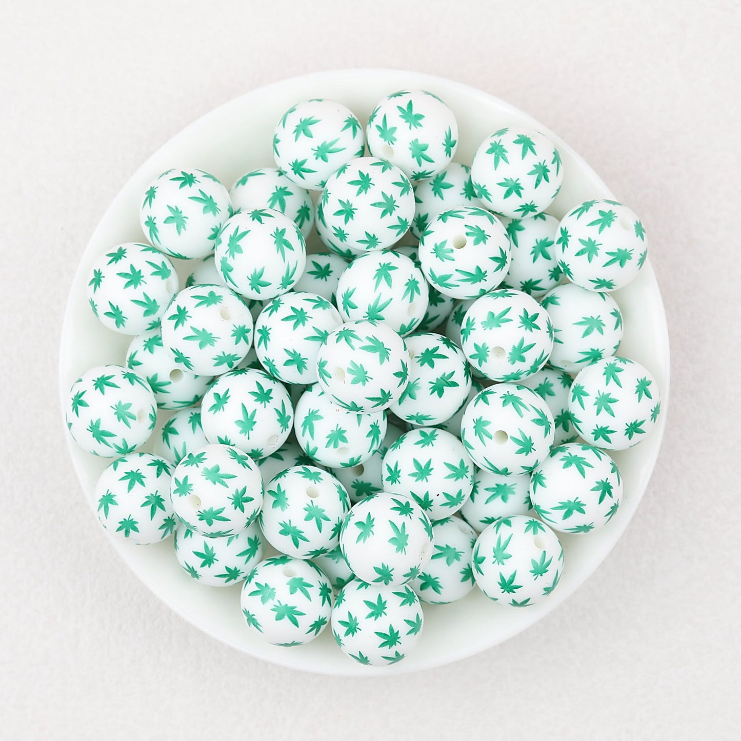 15mm Printed Leaf Pattern Silicone Round Beads 50pcs - Maple Leaf