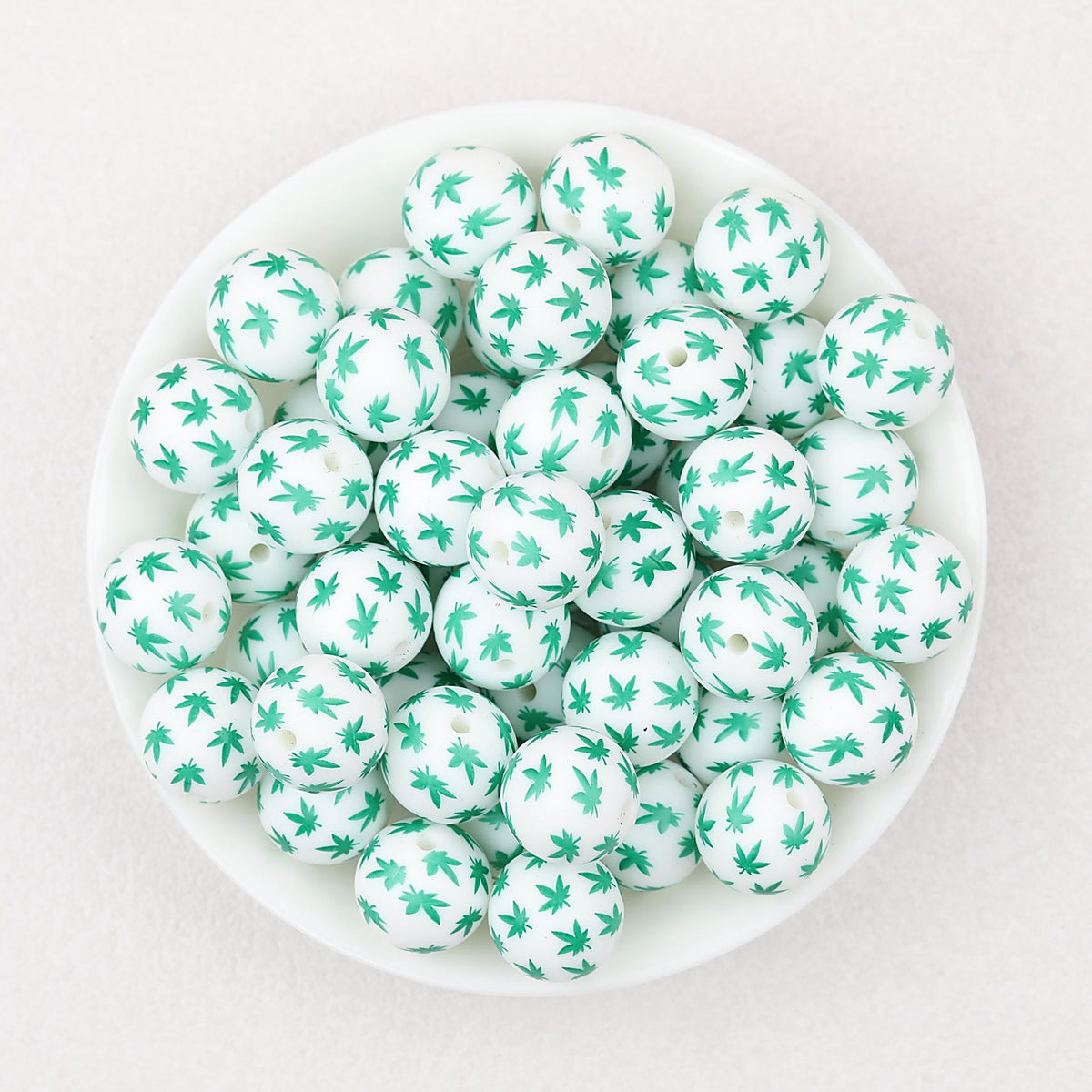 15mm Printed Leaf Pattern Silicone Round Beads 50pcs - Maple Leaf