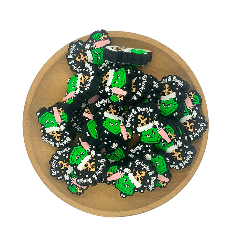 Silicone Focal Beads Christmas Grinch Face Leopard Print Santa Hat 20pcs 2