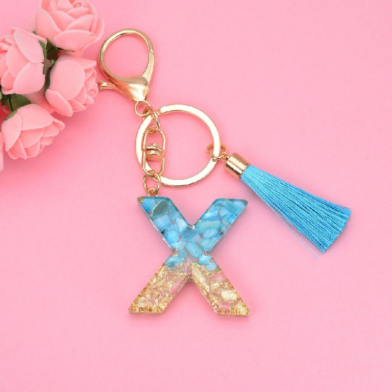 Blue Resin Tassel Monogram Keychain with Gold Flake Accent 26