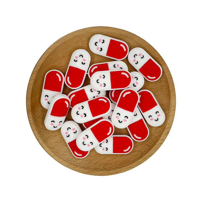 Silicone Focal Beads Pill Capsule Smiling Face Red White 20pcs 2
