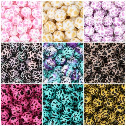 15mm Cow PPrinted Round Silicone Beads Colorful Spots 50pcs