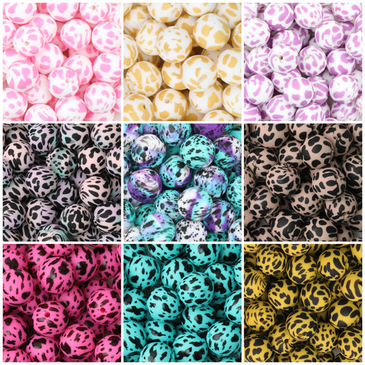 15mm Cow PPrinted Round Silicone Beads Colorful Spots 50pcs