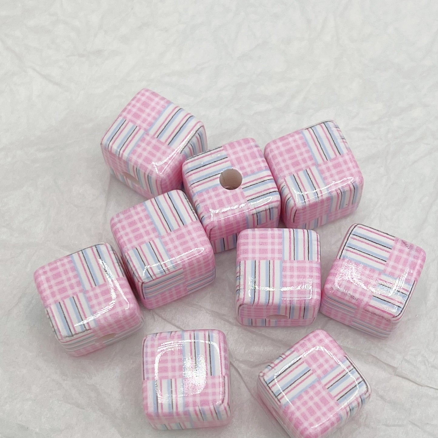 Printed Square Acrylic Beads 14mm Fresh Pink Tone 10pcs 8