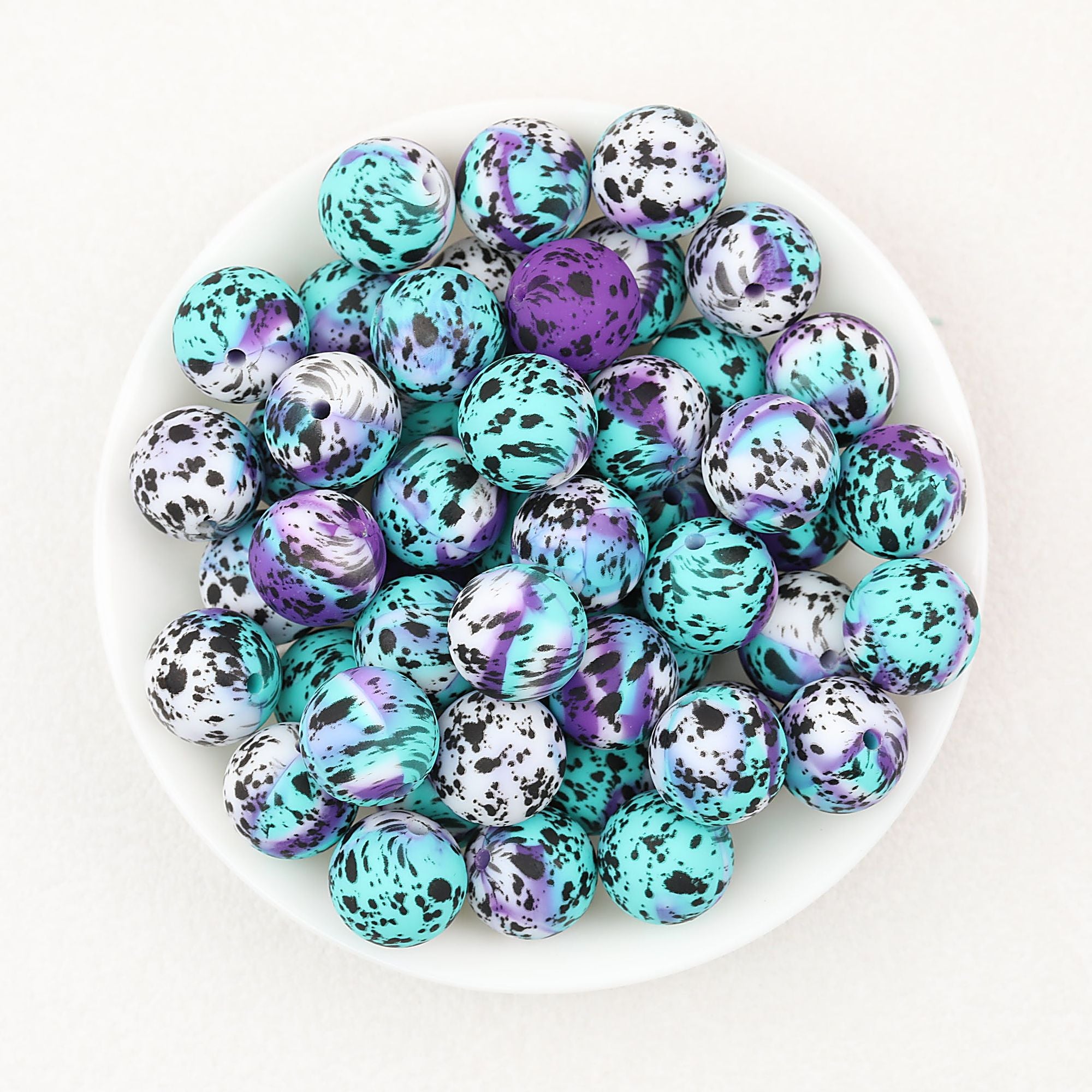 15mm Cow PPrinted Round Silicone Beads Colorful Spots 50pcs - Ink Spot Mix