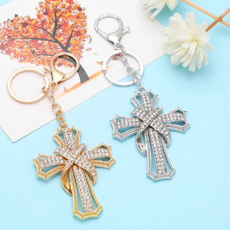 Metal Diamond Cross Keychain Elegant Gold and Silver Faith Inspired 3