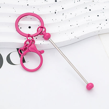 Beadable Keychain Bar Metal Slender Shaft Polished Ball Lobster Clasp - Rose red
