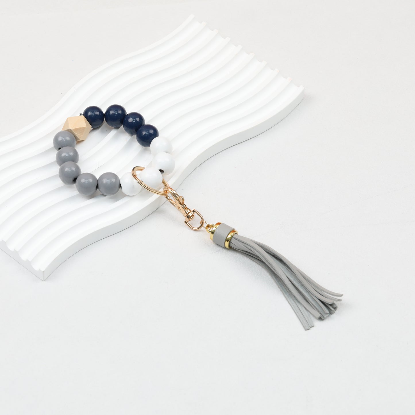 Tassel Wooden Beaded Keychain with PU Leather Tassel 23x10cm