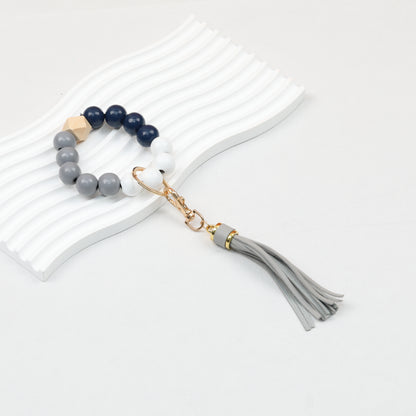 Tassel Wooden Beaded Keychain with PU Leather Tassel 23x10cm