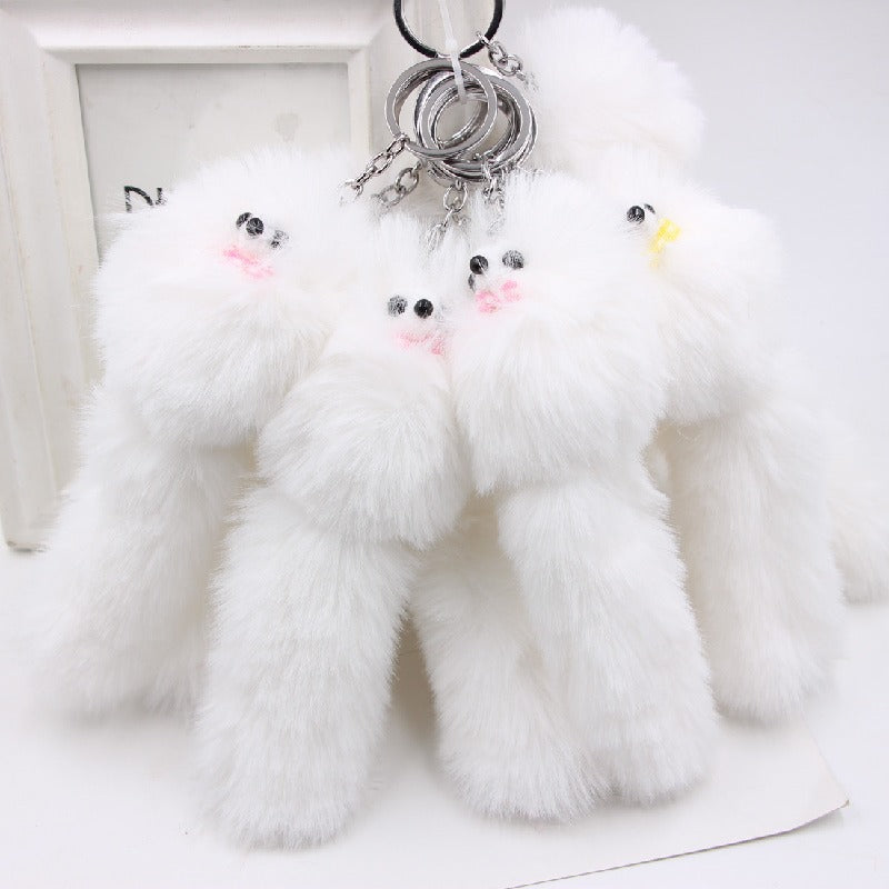 Plush Fox Keychain Soft White Faux Fur Curly Tail Animal Charm 2