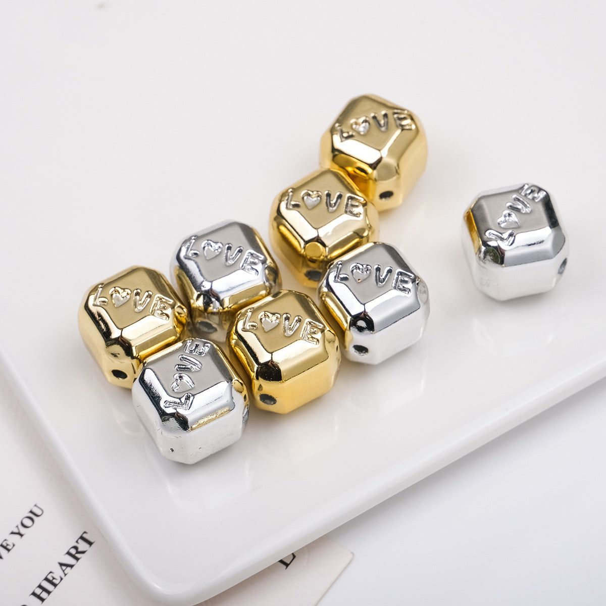 Plating Square Acrylic Beads 15mm Embossed Love Gold Silver 50pcs