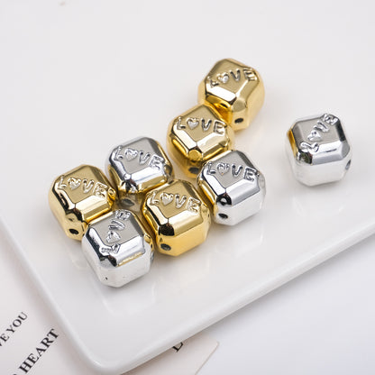 Plating Square Acrylic Beads 15mm Embossed Love Gold Silver 50pcs