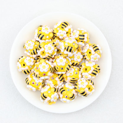 Bee and Flower 20mm Resin Bubblegum Beads Yellow White 10pcs 2