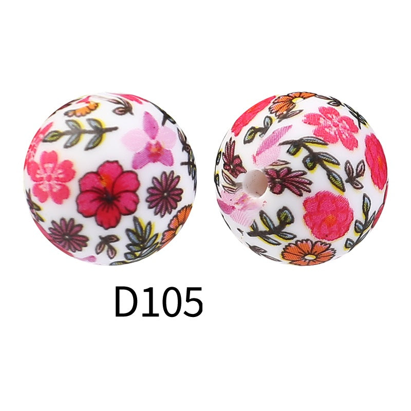 15mm Round Silicone Beads Floral Pattern Printed Design 50pcs 7
