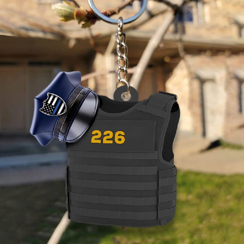 Acrylic Tactical Vest Police Cap Keychain Bold Yellow 226 Design 14