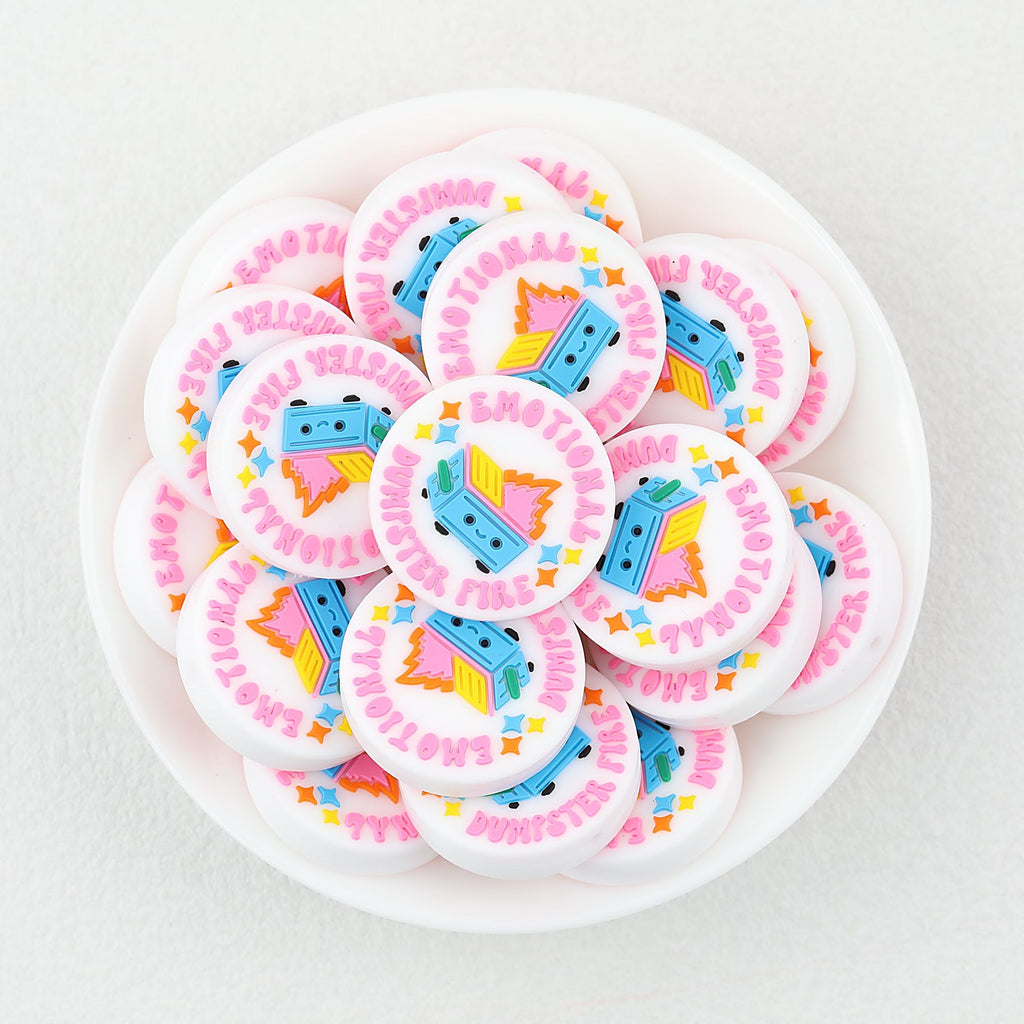Pink Round Silicone Focal Beads Fire Flame Design 20pcs