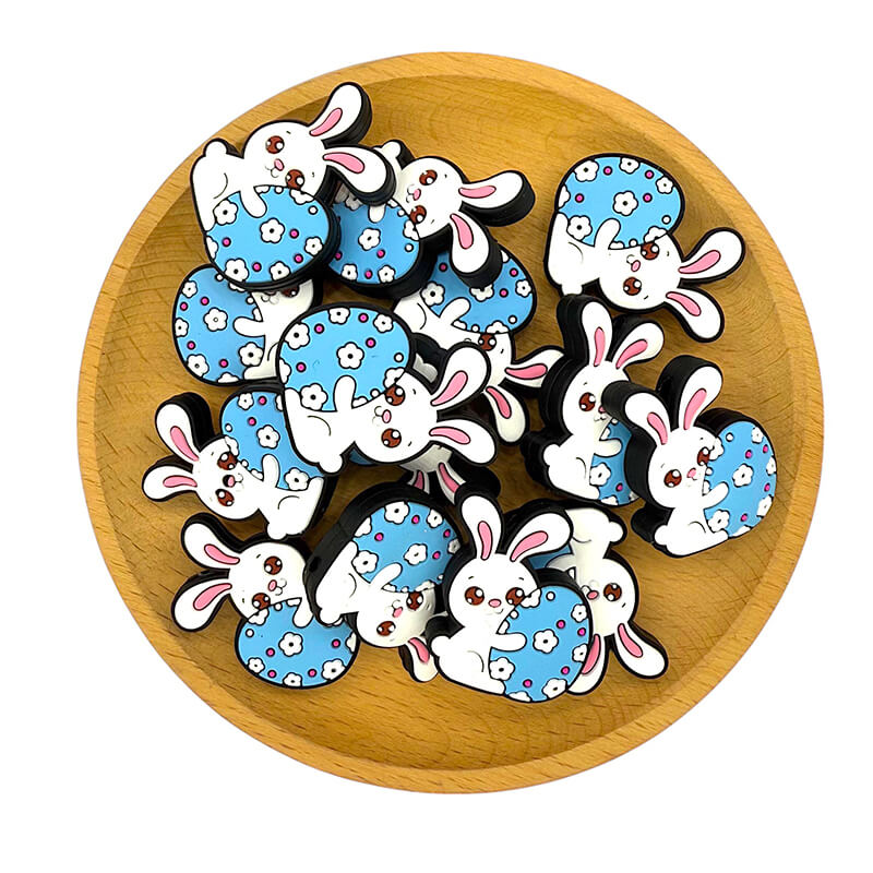Silicone Focal Beads Easter Rabbit Holding Blue Floral Egg 2