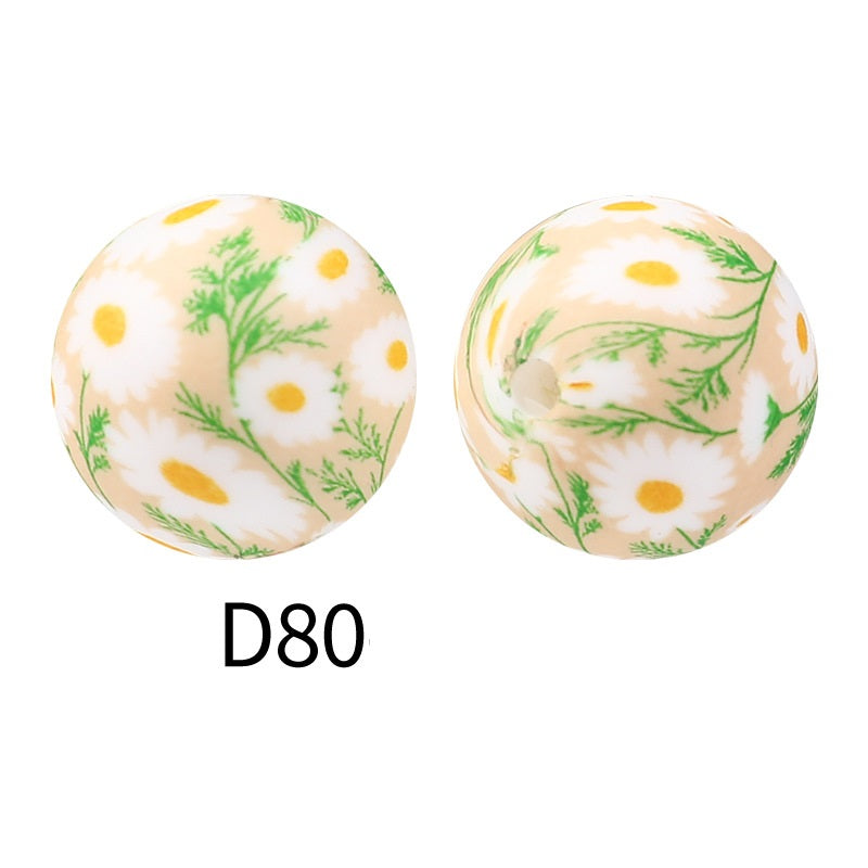 50Pcs 15mm Colored pattern printed silicone beads 82