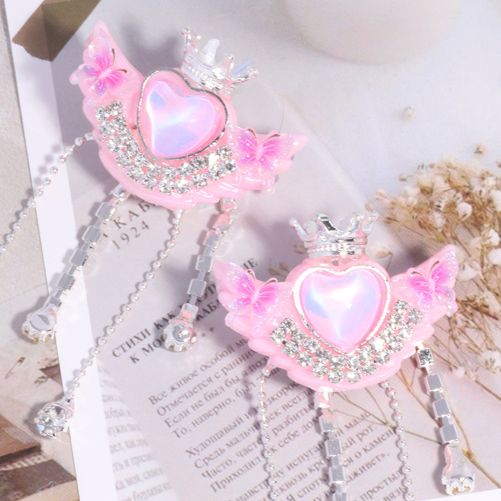 Crown Heart Tassel Rhinestone Beads 27x36mm 6pcs 6