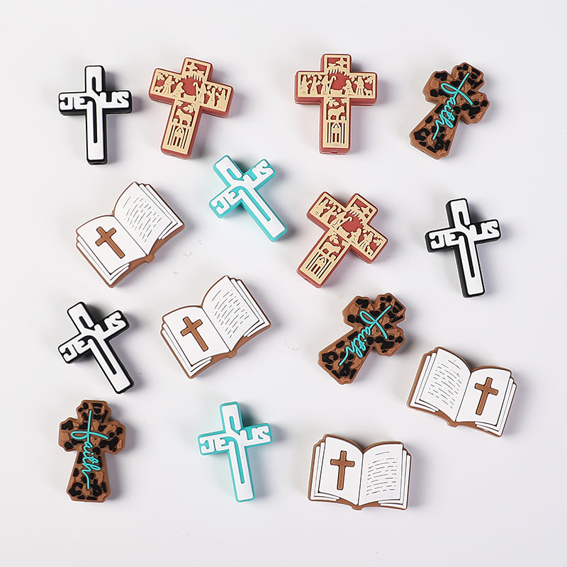 Silicone Focal Beads Bible Cross Leopard Print and Birthday of Jesus 20pcs 5