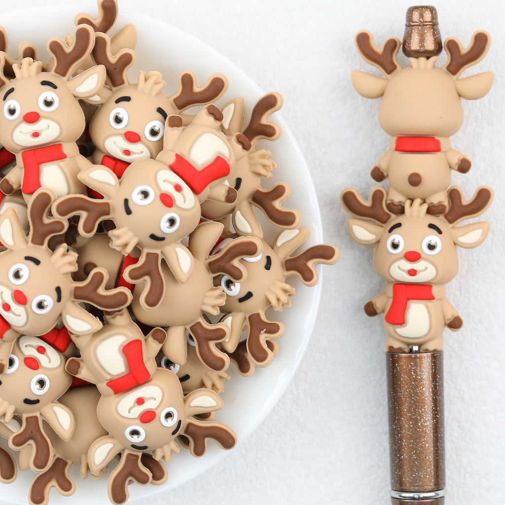 3D Red Scarf Cute Reindeer Silicone Focal Beads