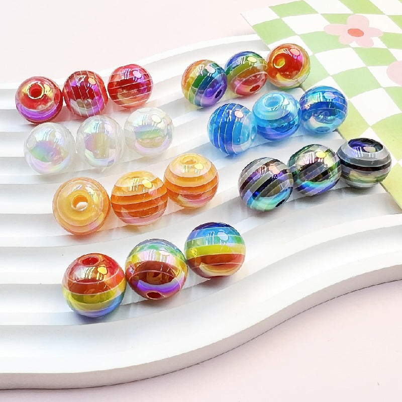Striped Rainbow Acrylic Beads 16mm Glossy Round 10pcs 10