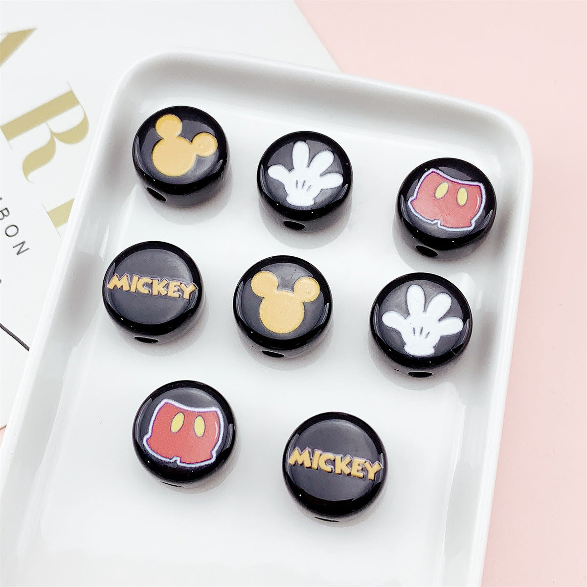 16mm Black Acrylic Character Round Beads with Face Icons 20pcs