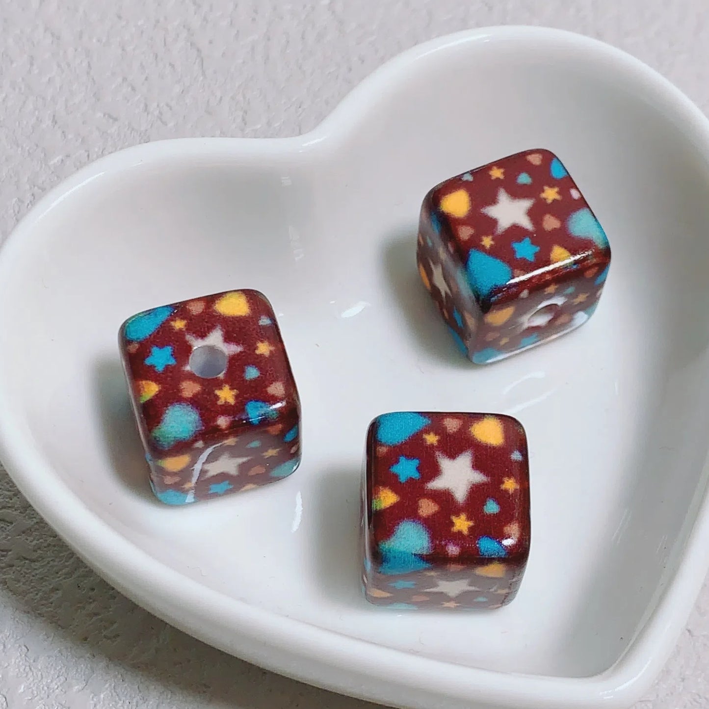 Square Acrylic Beads 15.27mm Mild Winter Color Grid Star Pattern 10pcs 3