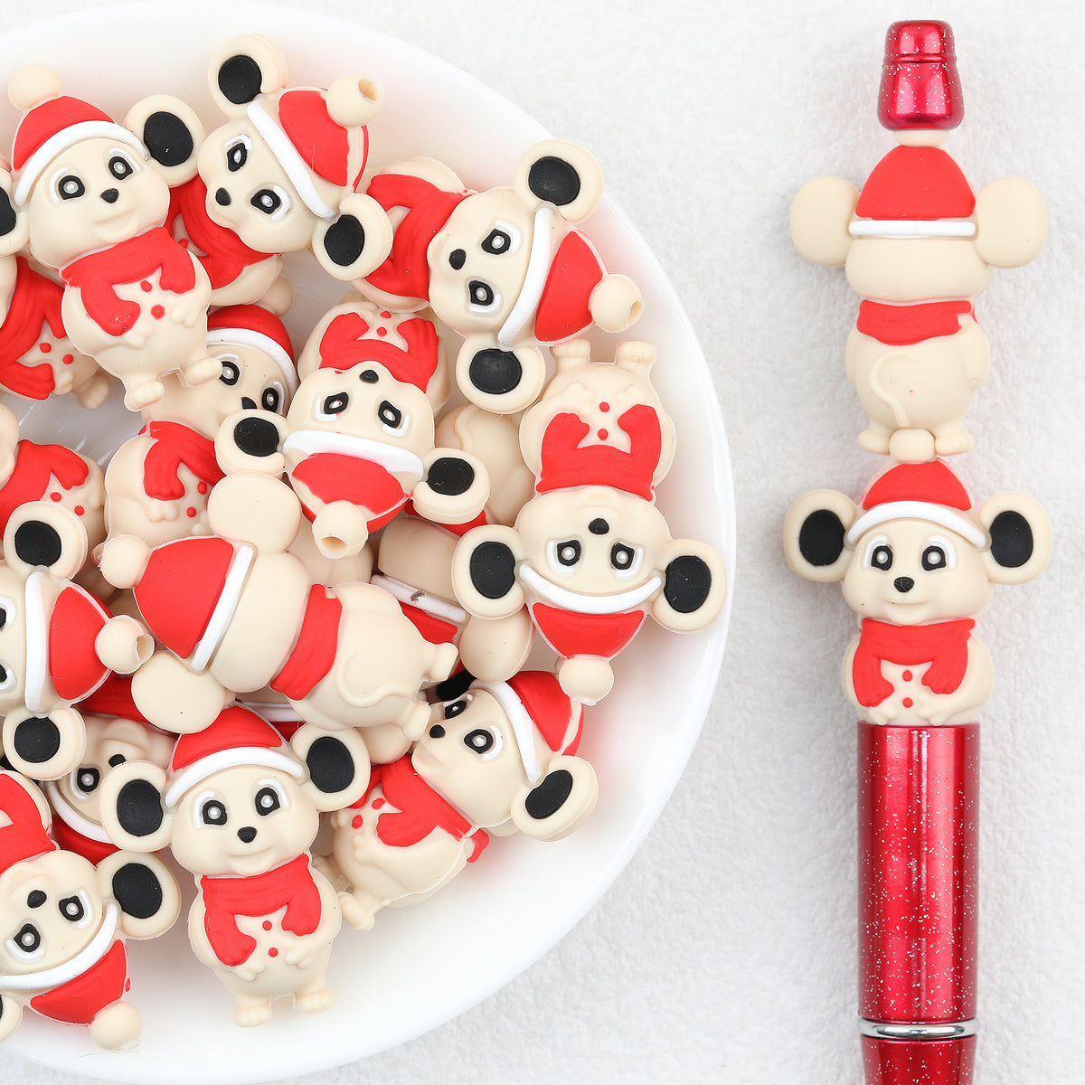 3D Christmas Mouse Silicone Focal Beads Wholesale, Red Scarf Santa Hat Design
