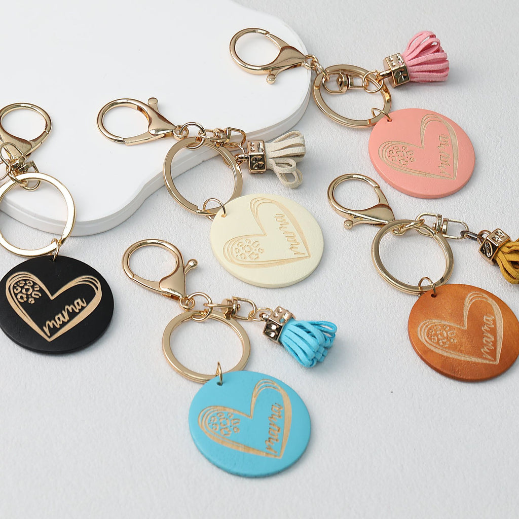 Wood Tassel Keychain Engraved Mama Heart Design Natural Pastel Colors
